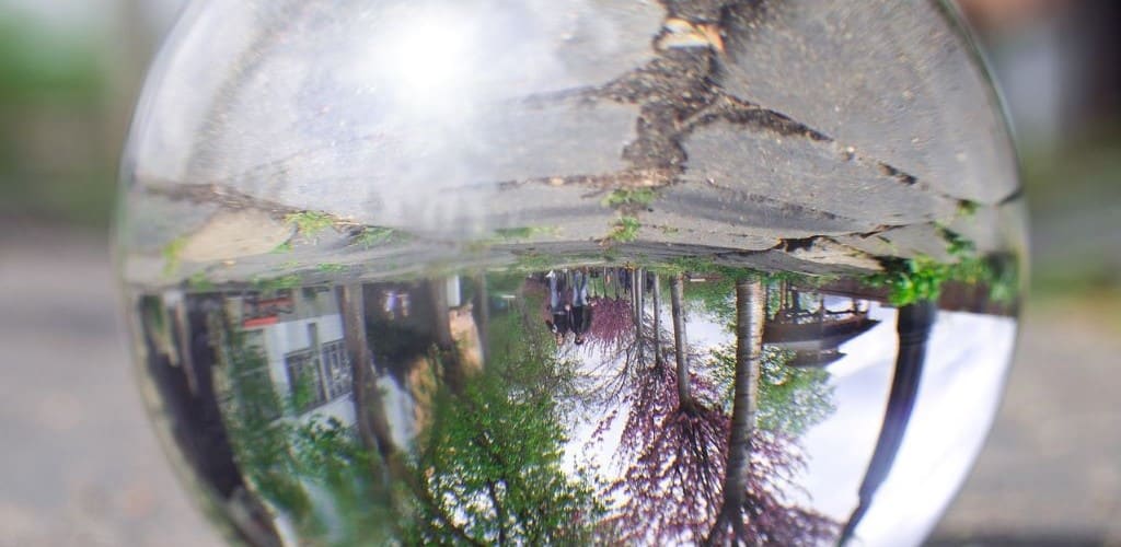 Glass ball on the pavement, reflecting the trees and surroundings.