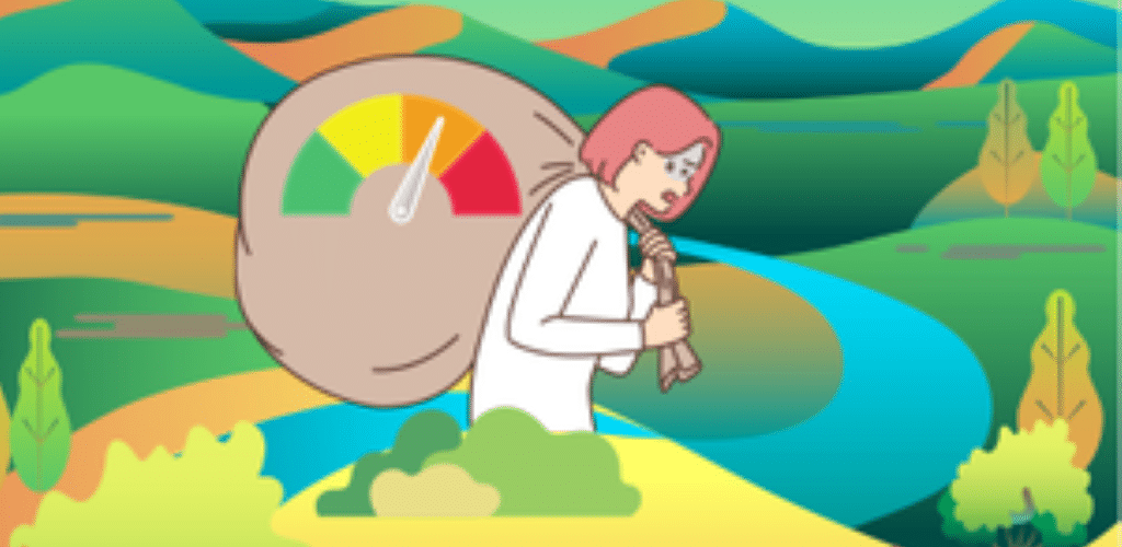 Cartoon image of a tired woman walking through wilderness carrying a heavy, full sack over her shoulder