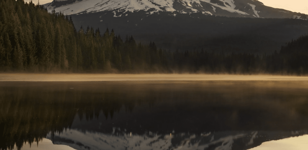 Photograph of a mountain with forest and a lake in the foreground, and the mountain and forest's reflection in the lake.